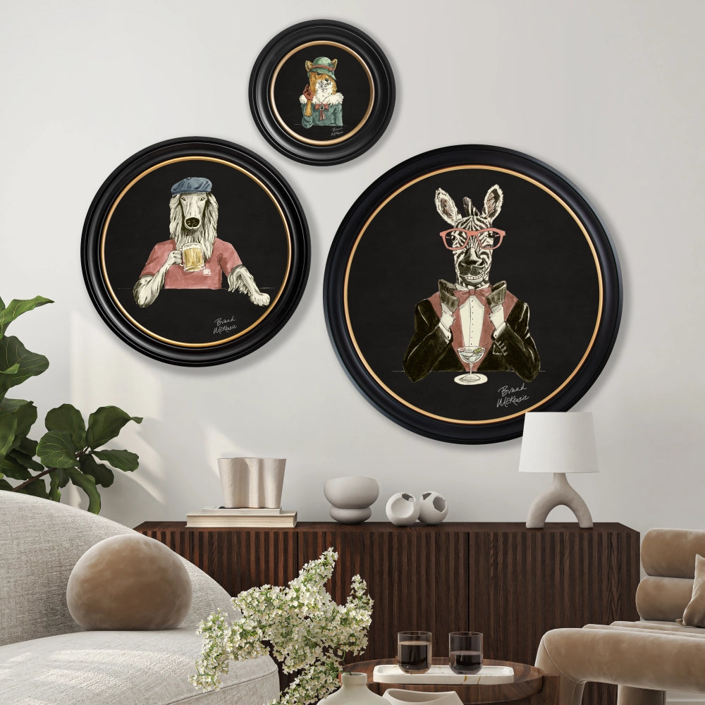Brand McKenzie Happy Hour Vixen Framed Round Art Print with Charcoal Black Background