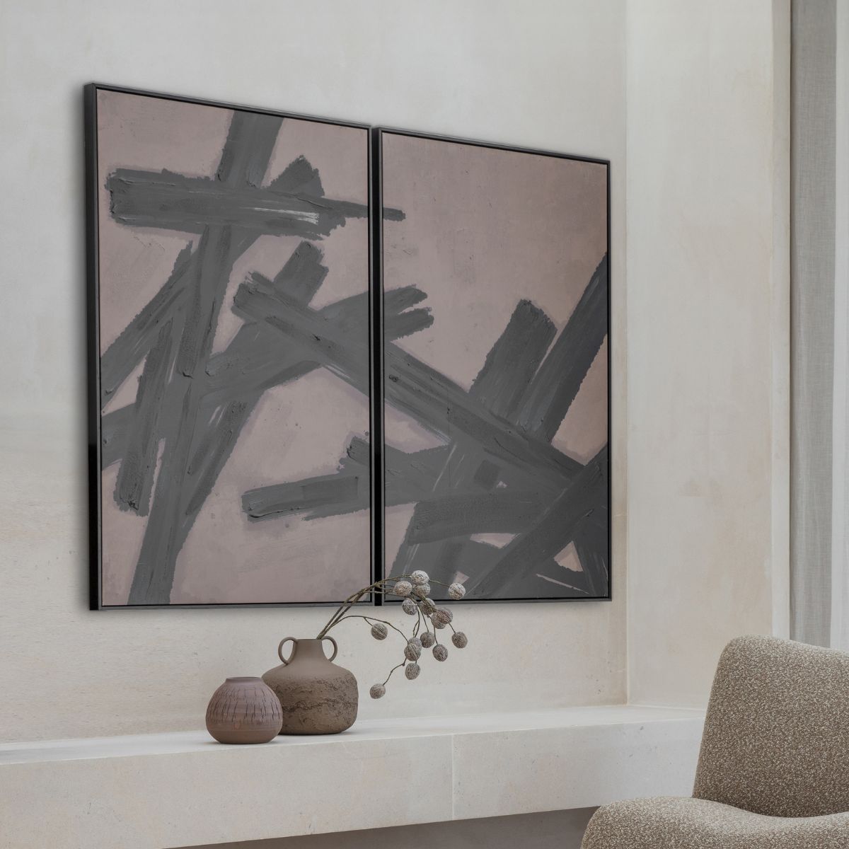 Libra Interiors Impasto Brushstrokes Taupe Set of 2 Framed Canvas Wall Art 160x120cm