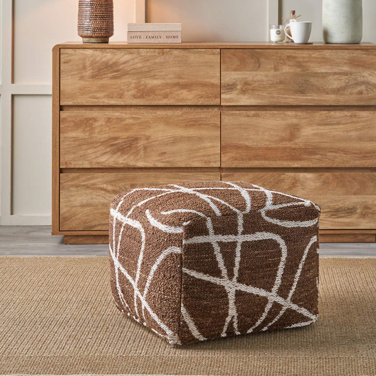 Pacific Lifestyle Indoor Outdoor Chocolate Brown and White Abstract Swirl Design Pouffe
