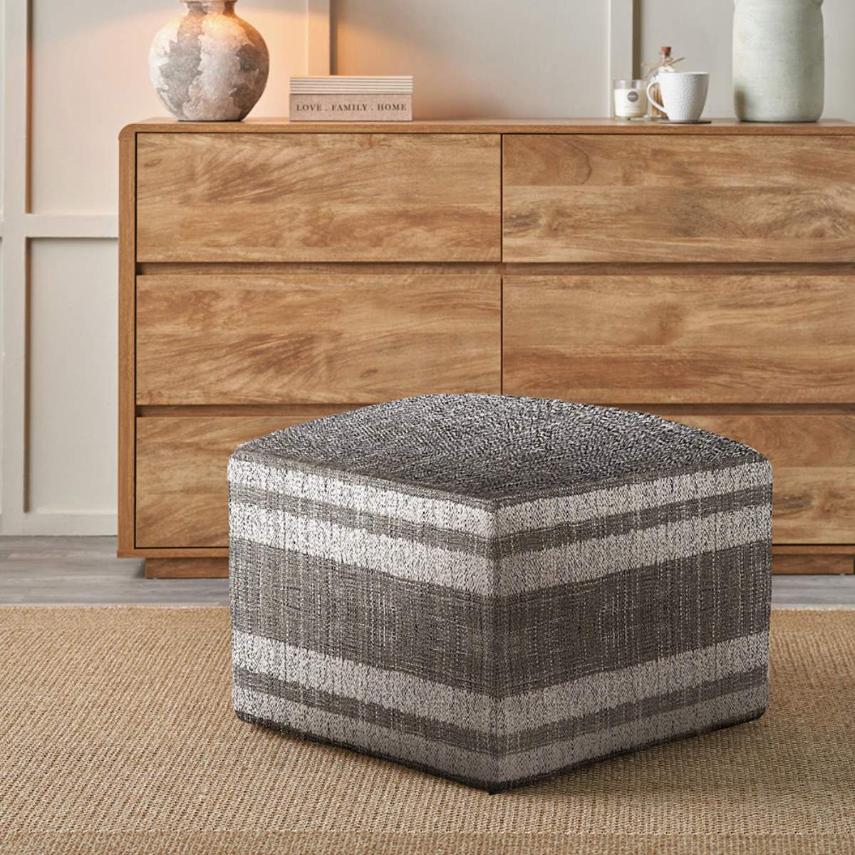 Pacific Lifestyle Indoor Outdoor Steel Grey and White Stripe Design Pouffe