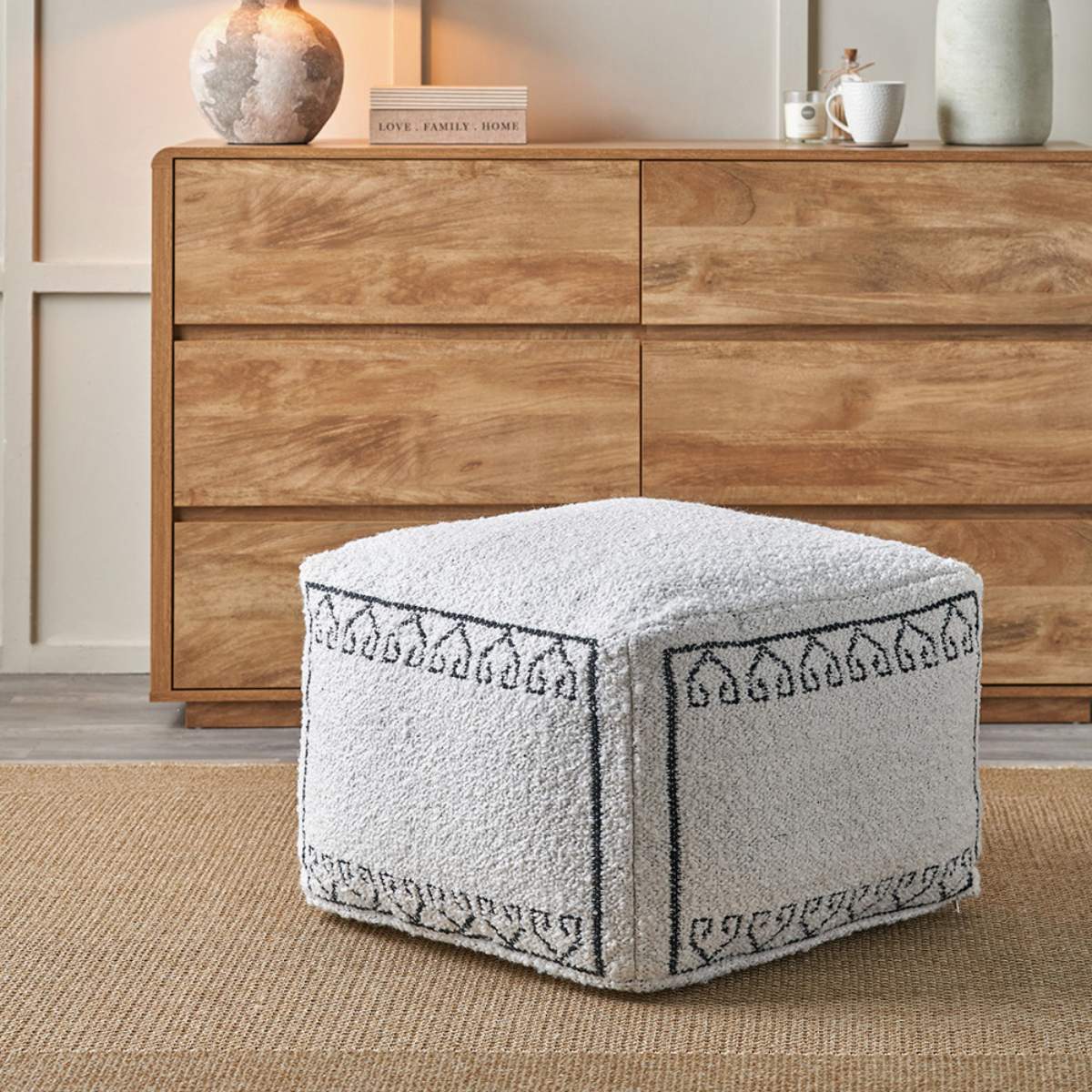Pacific Lifestyle Indoor Outdoor White and Black Greek Key Design Pouffe