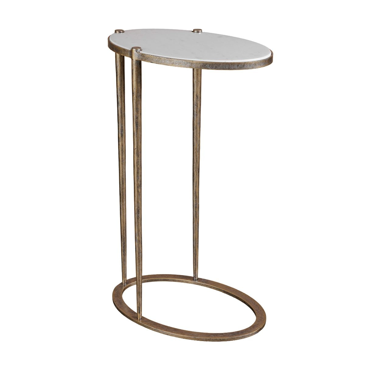 Libra Interiors Iota Oval Accent Table White Banswara Marble Aged Champagne
