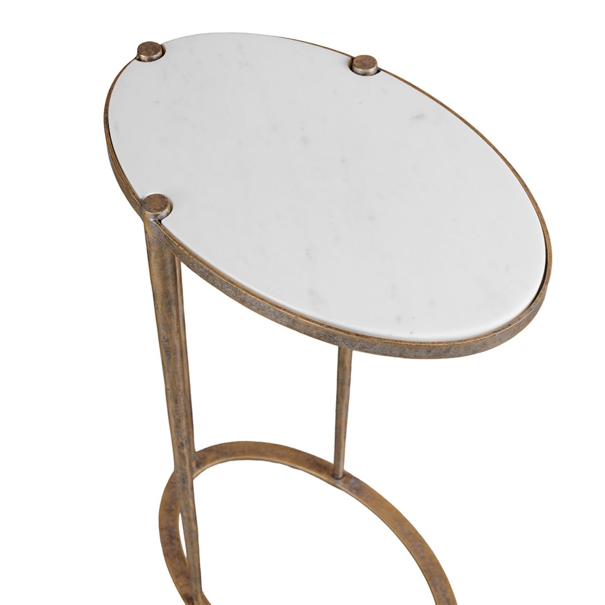 Libra Interiors Iota Oval Accent Table White Banswara Marble Aged Champagne