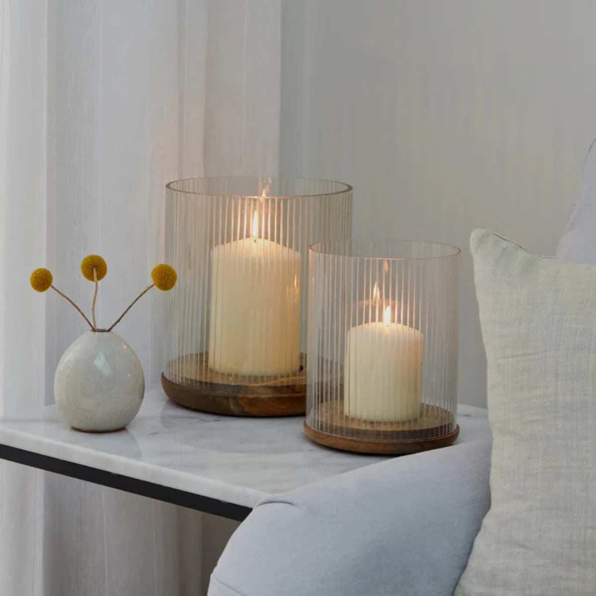 Ivyline Amelia Medium Ribbed Glass Wooden Candle Holder