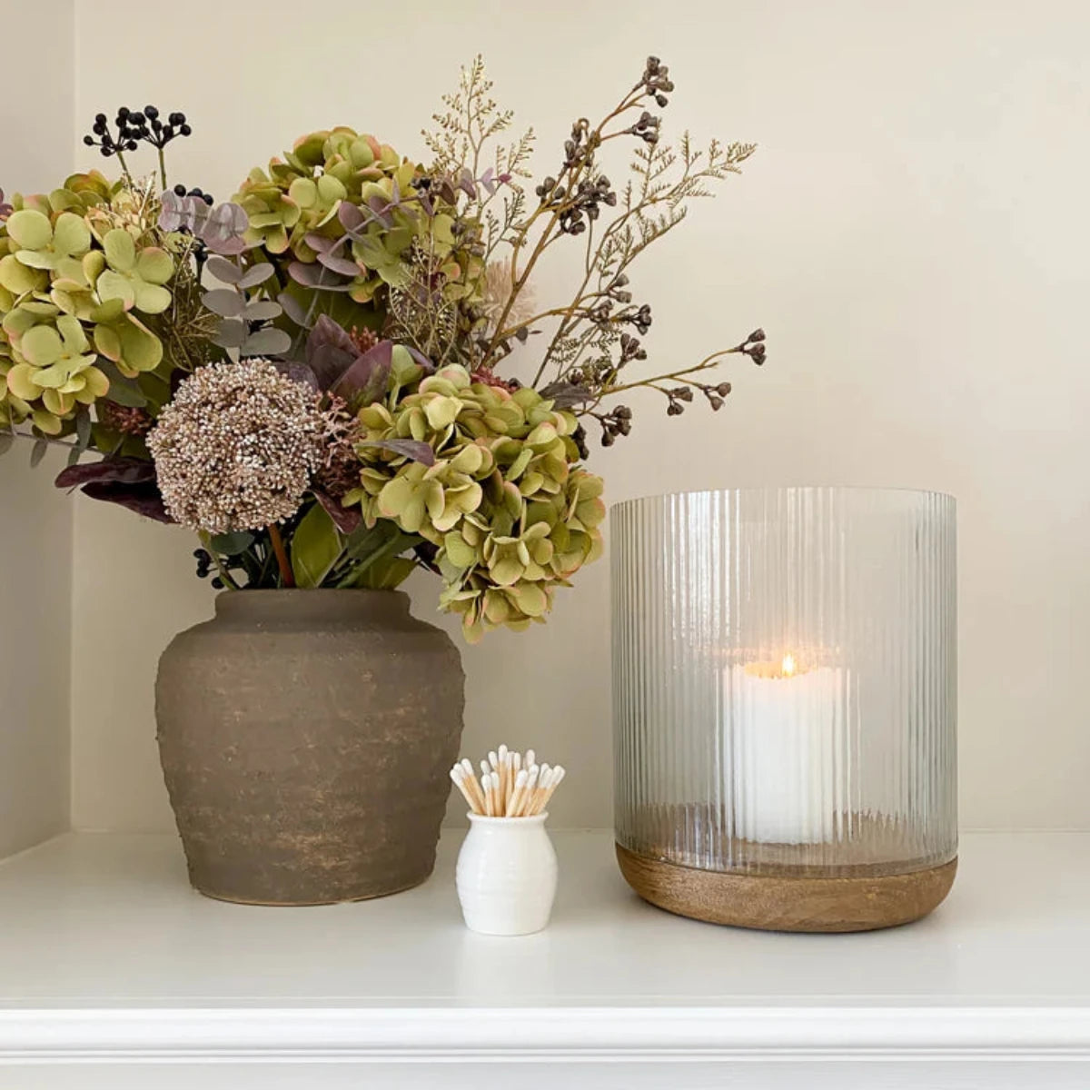 Ivyline Amelia Ribbed Glass Wooden Candle Holder