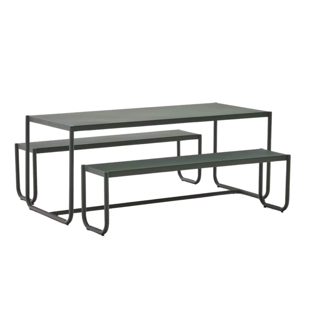 Kave Home Sotil Set of 2 Benches and Galvanized Steel Table with Green Finish 183 x 83 cm