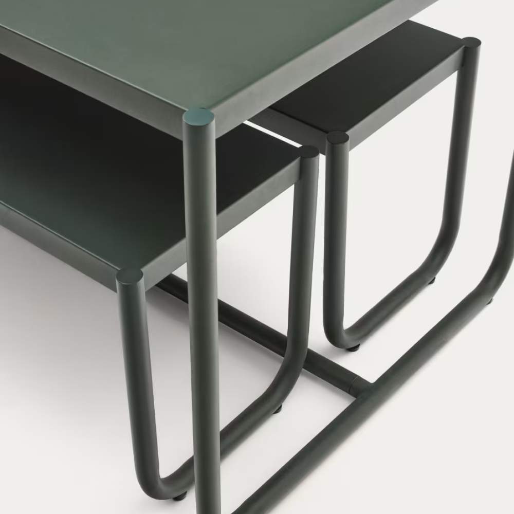 Kave Home Sotil Set of 2 Benches and Galvanized Steel Table with Green Finish 183 x 83 cm