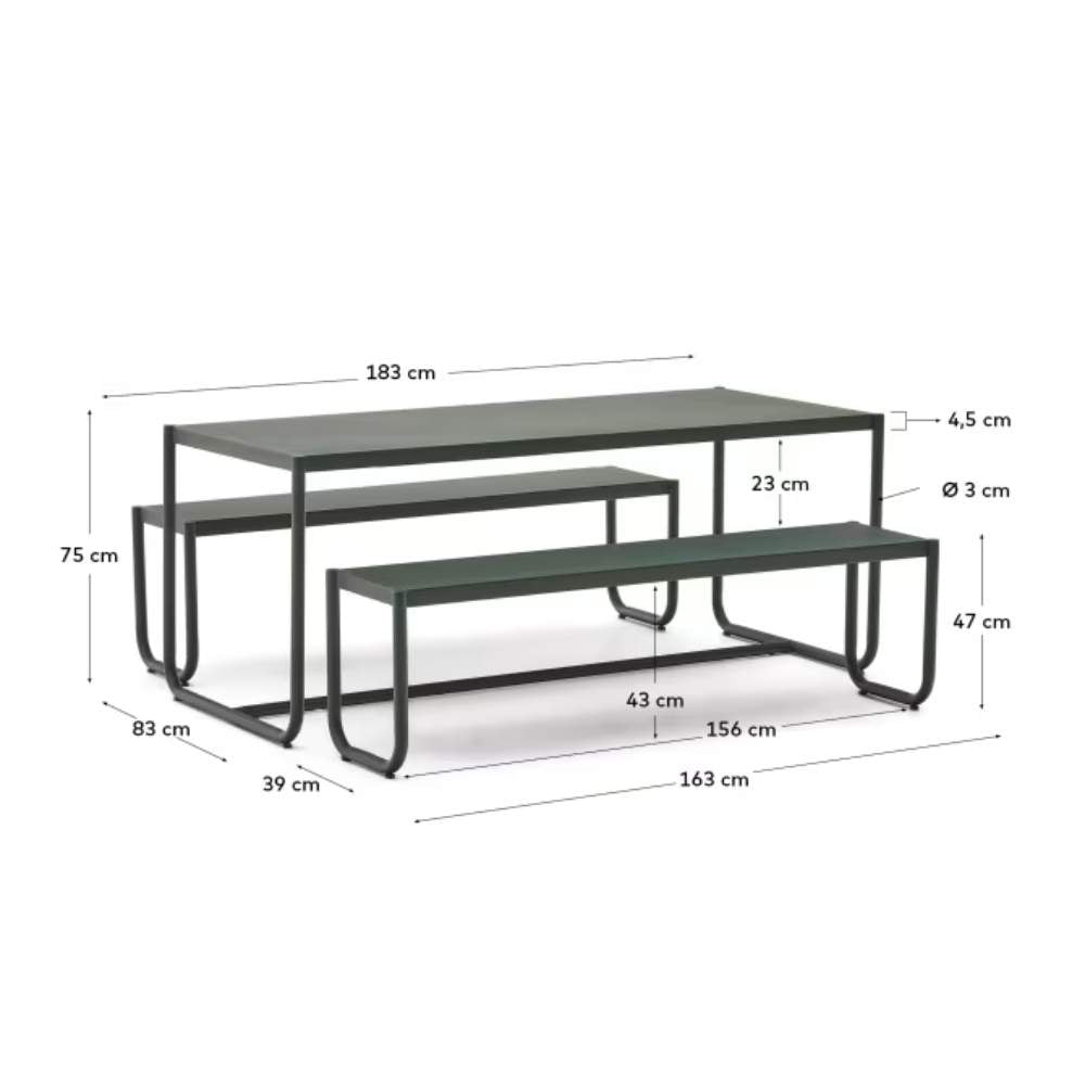 Kave Home Sotil Set of 2 Benches and Galvanized Steel Table with Green Finish 183 x 83 cm