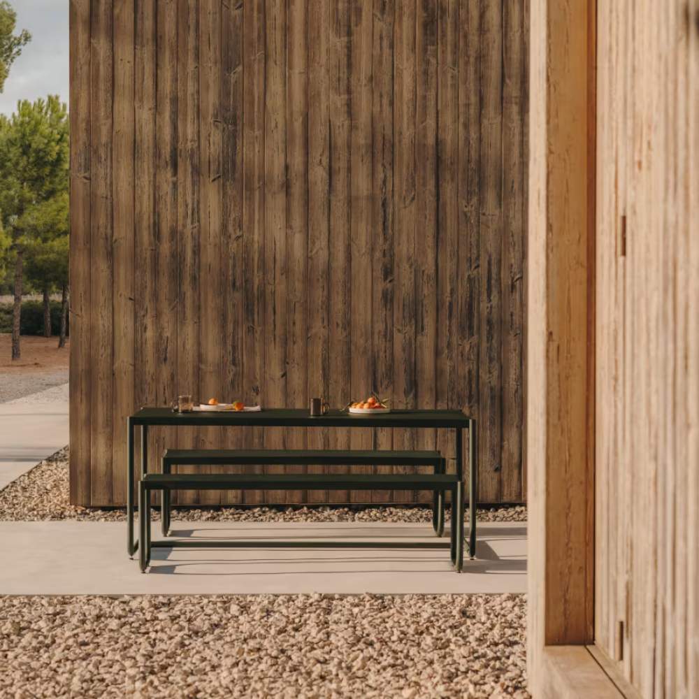 Kave Home Sotil Set of 2 Benches and Galvanized Steel Table with Green Finish 183 x 83 cm