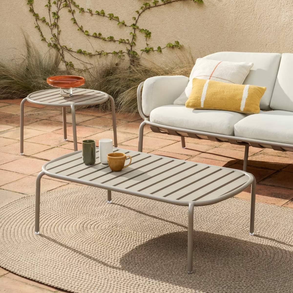 Kave Home Joncols outdoor side table in aluminium with taupe painted finish Ø 60cm