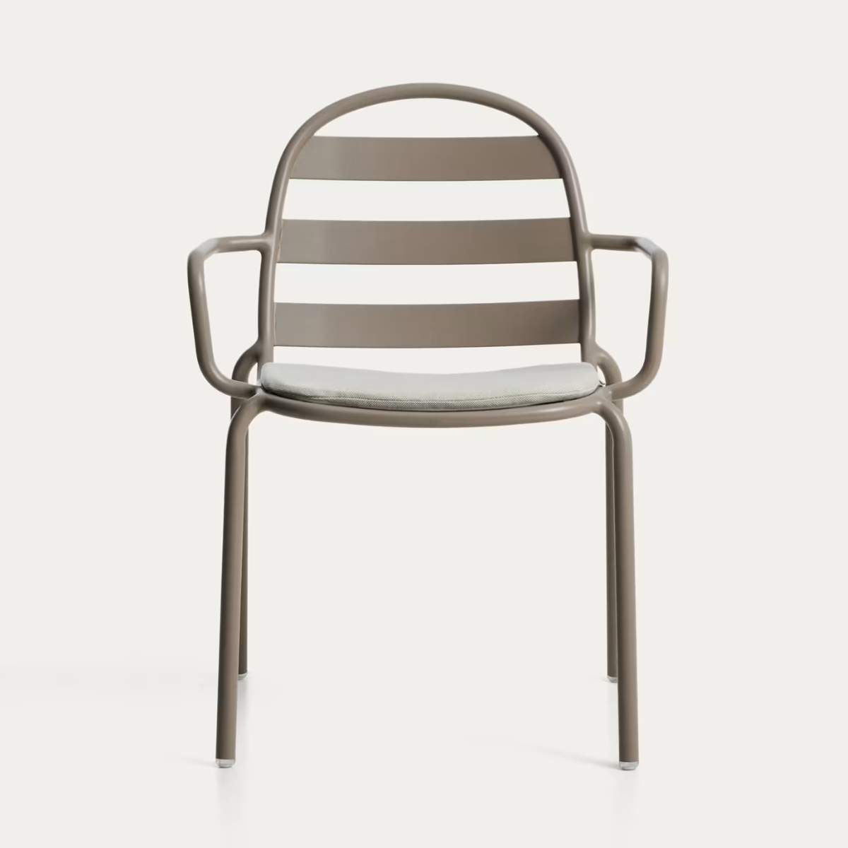 Kave Home Joncols stackable outdoor chair in aluminium with taupe painted finish