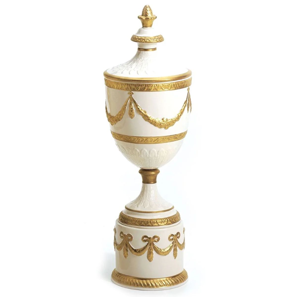 Villari Josephine Potiche with Festoon and base - White & Gold