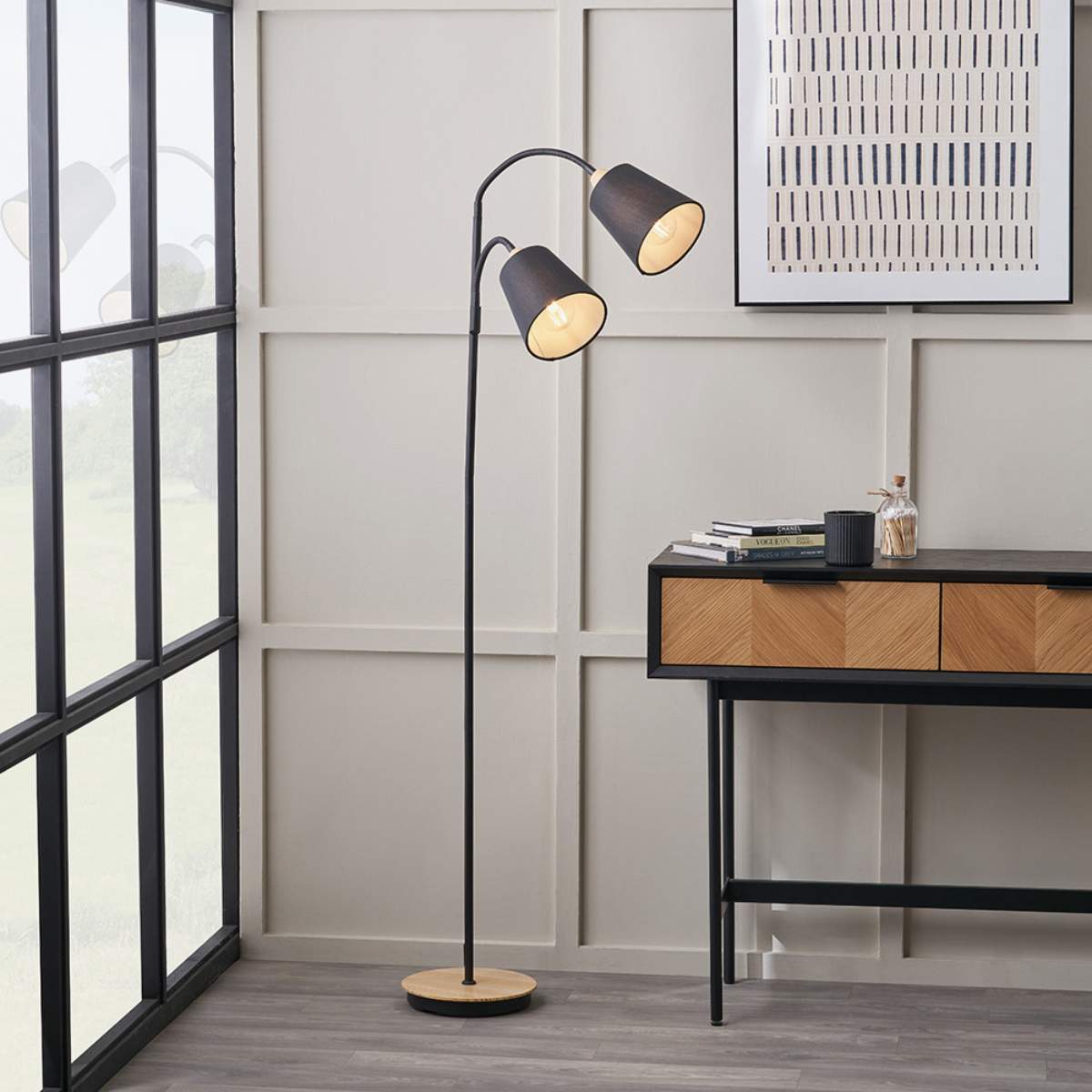 Pacific Lifestyle Juna Black Metal and Natural Wood Two Head Floor Lamp