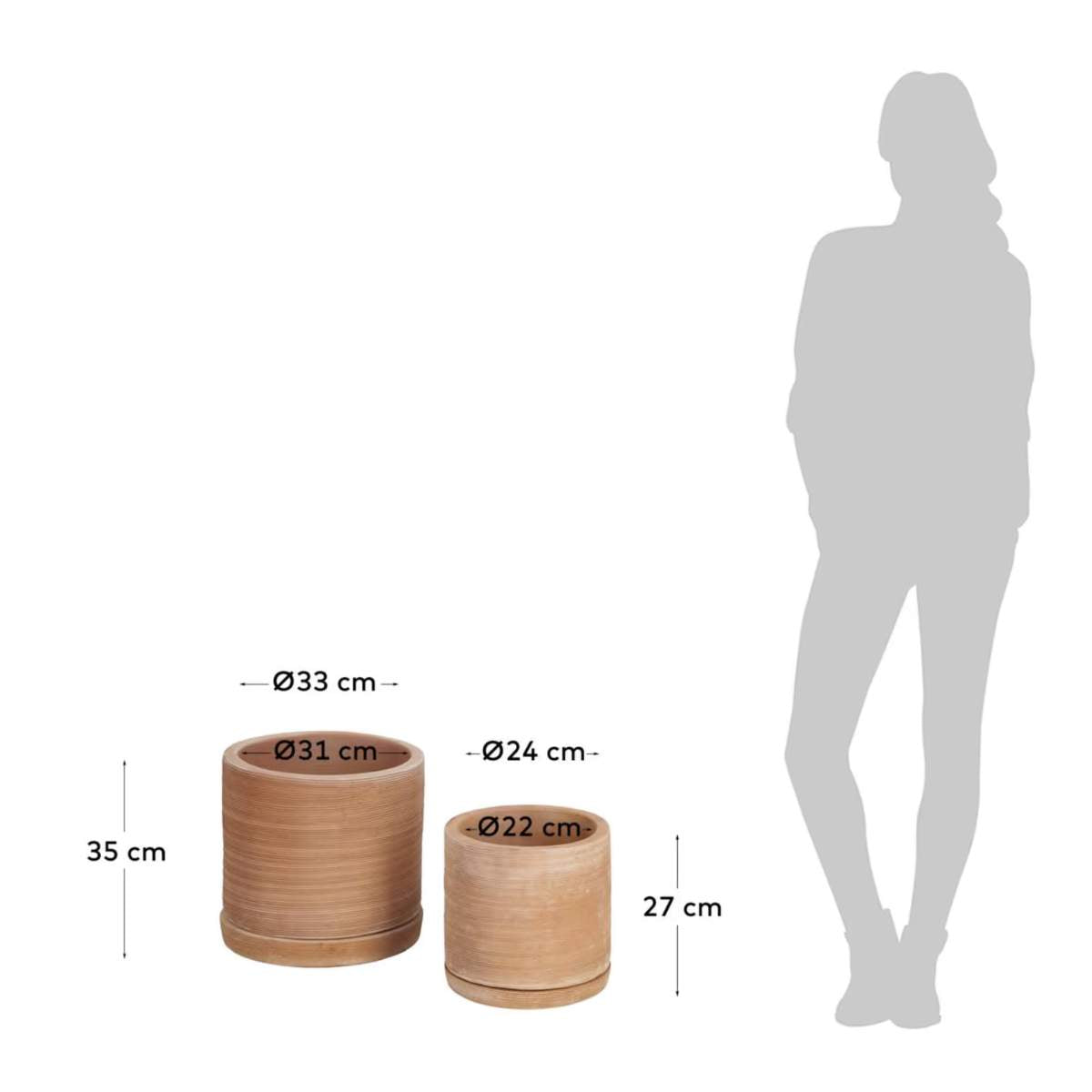 Kave Home Karlina set of 2 terracotta plant pots with dishes, Ø 33 cm / Ø 24 cm
