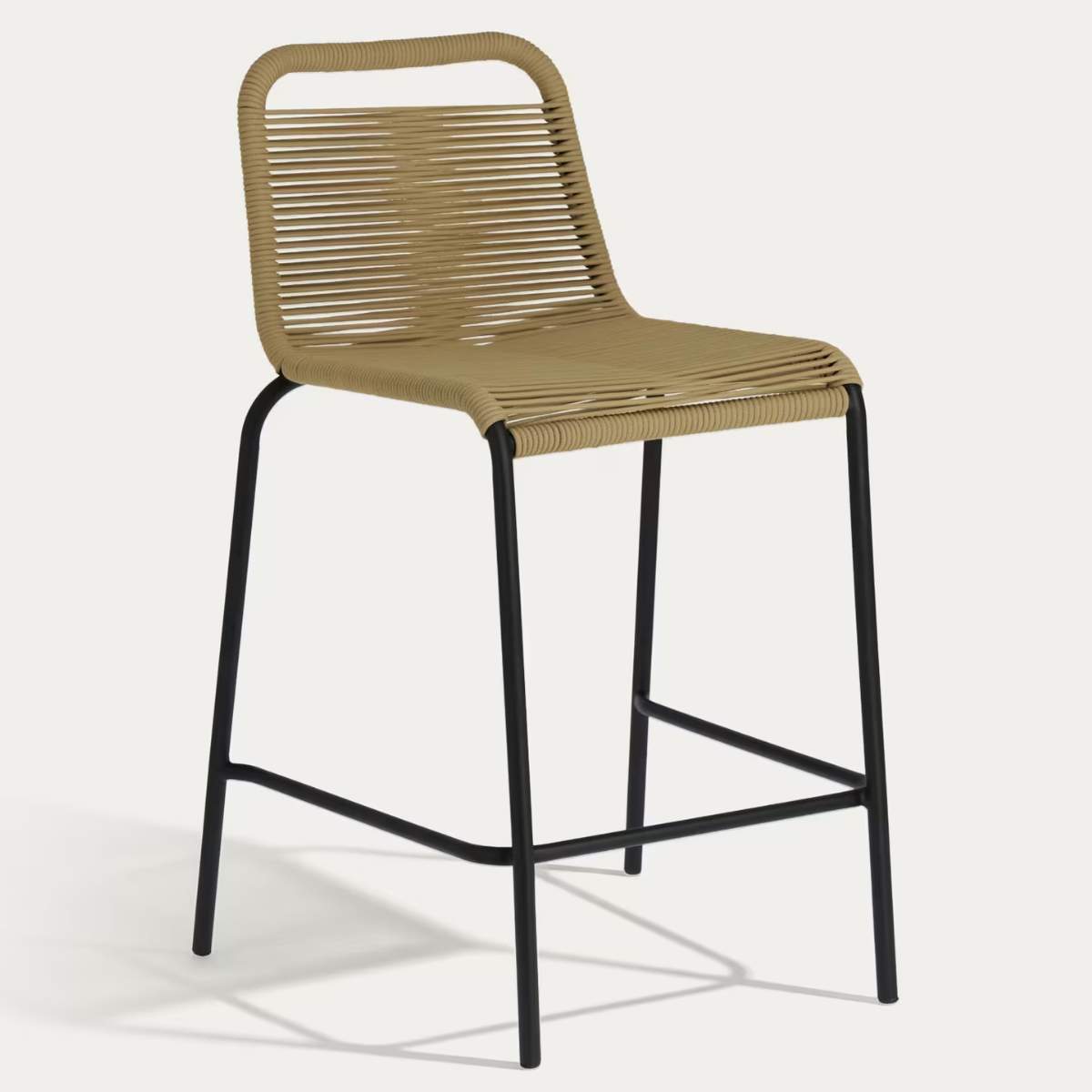 Kave Home Lambton stackable stool in brown rope and black finish steel, 62 cm