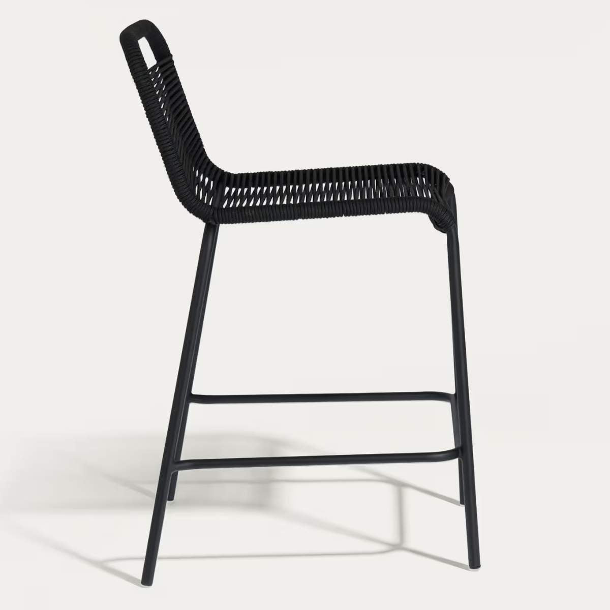 Kave Home Lambton stackable stool in brown rope and black finish steel, 62 cm