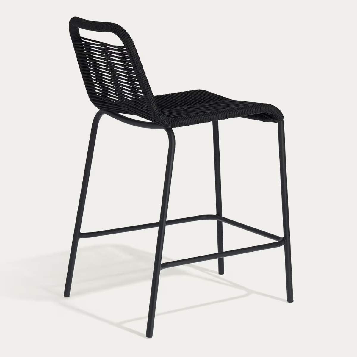 Kave Home Lambton stackable stool in brown rope and black finish steel, 62 cm