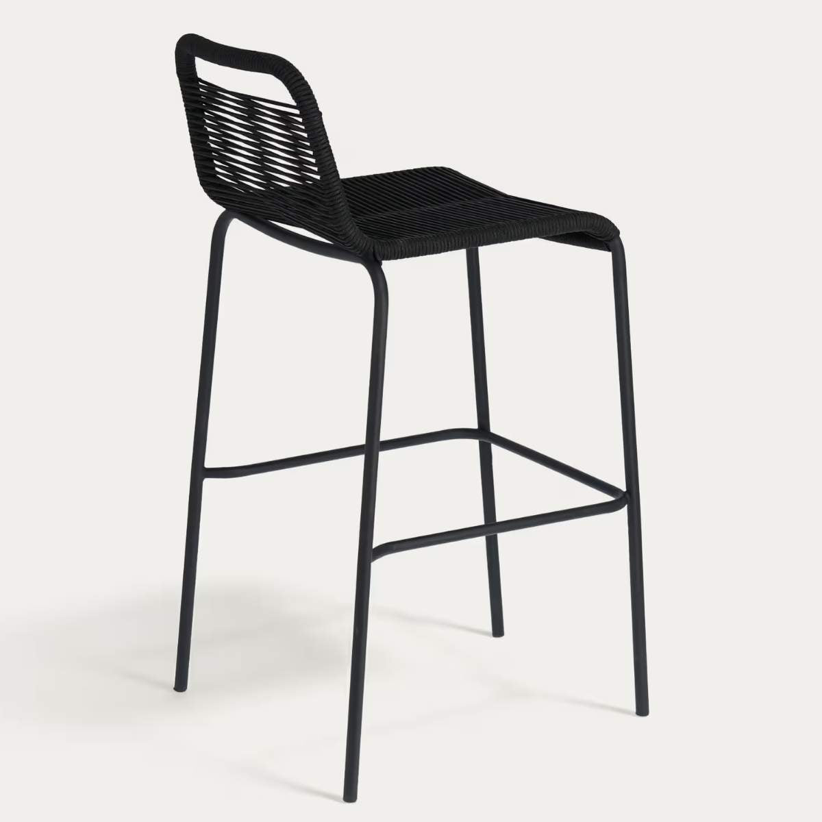 Kave Home Lambton stackable stool in brown rope and black finish steel 74 cm