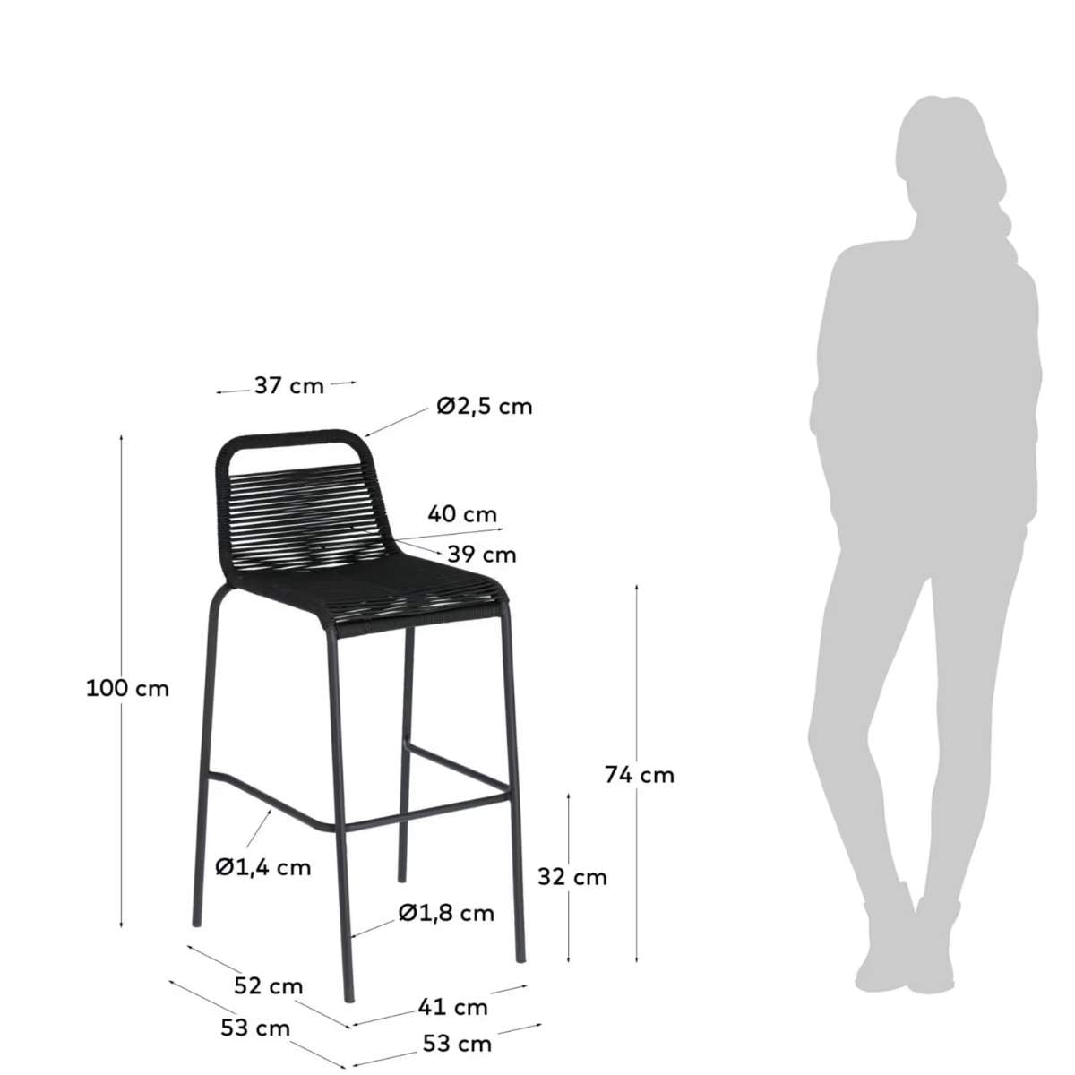 Kave Home Lambton stackable stool in brown rope and black finish steel 74 cm