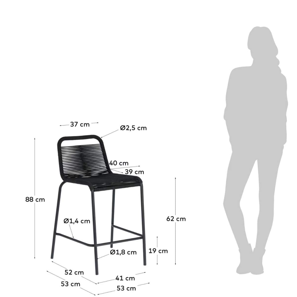 Kave Home Lambton stackable stool in brown rope and black finish steel, 62 cm