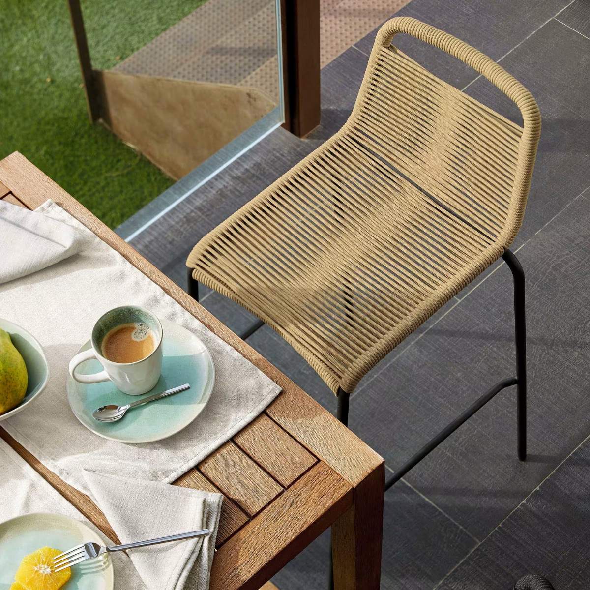 Kave Home Lambton stackable stool in brown rope and black finish steel 74 cm