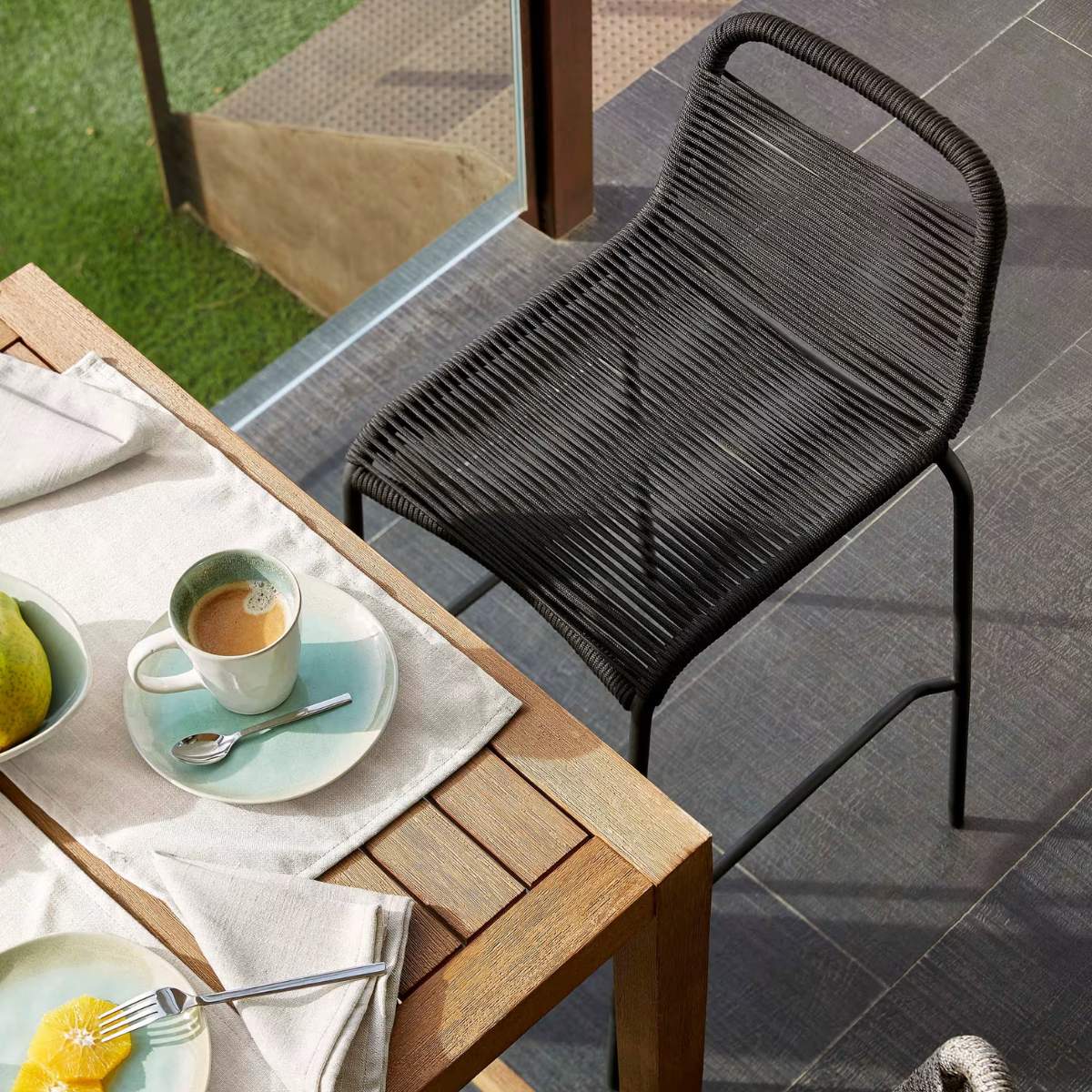 Kave Home Lambton stackable stool in brown rope and black finish steel 74 cm
