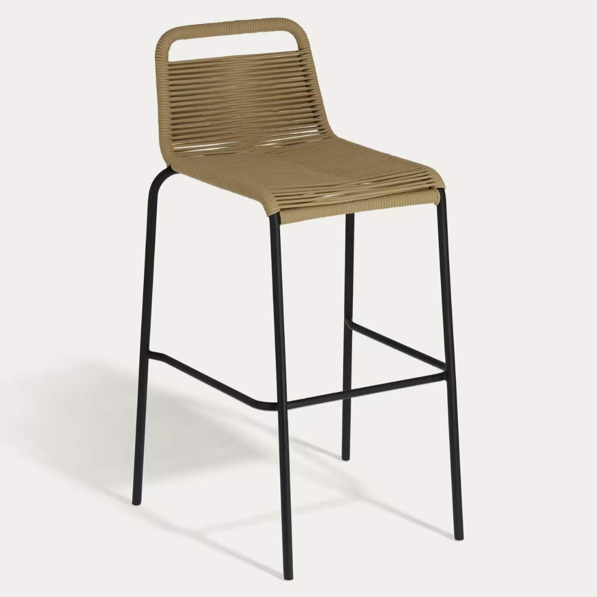 Kave Home Lambton stackable stool in brown rope and black finish steel 74 cm