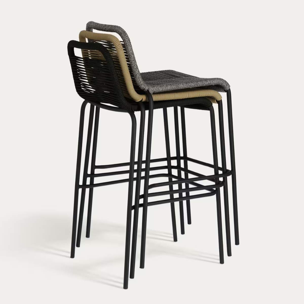 Kave Home Lambton stackable stool in brown rope and black finish steel 74 cm