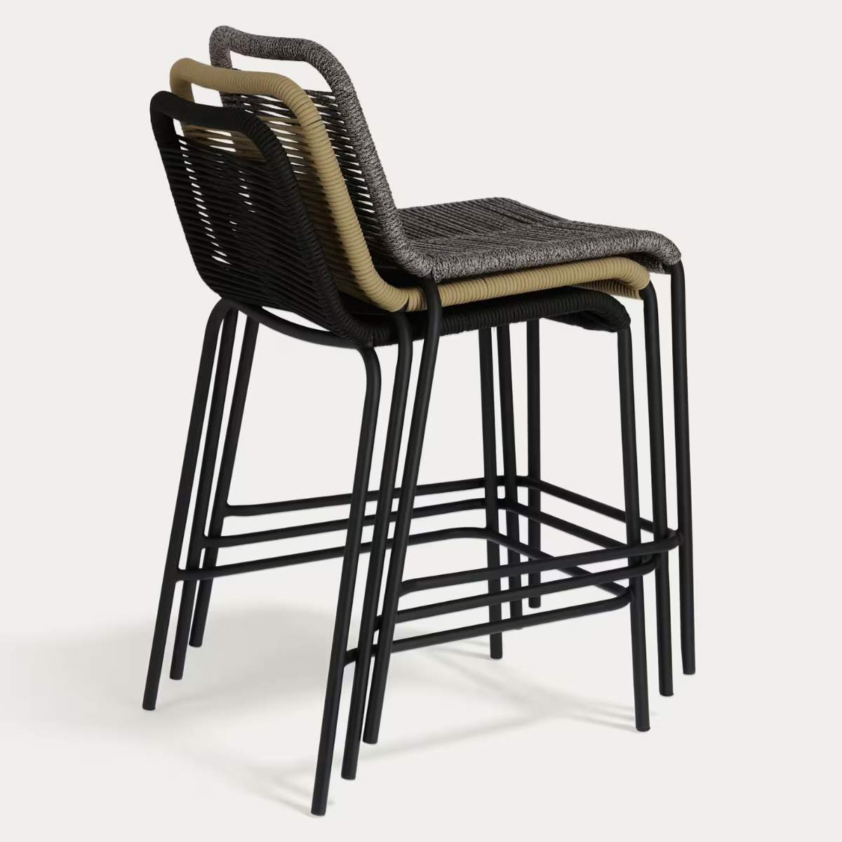 Kave Home Lambton stackable stool in brown rope and black finish steel, 62 cm