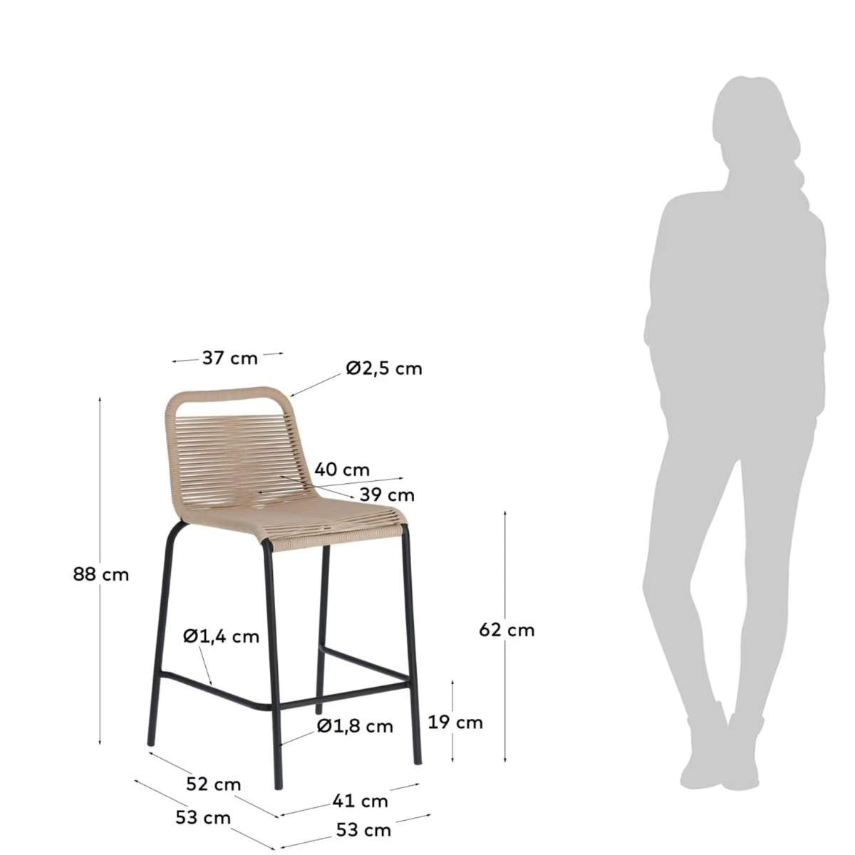 Kave Home Lambton stackable stool in brown rope and black finish steel, 62 cm