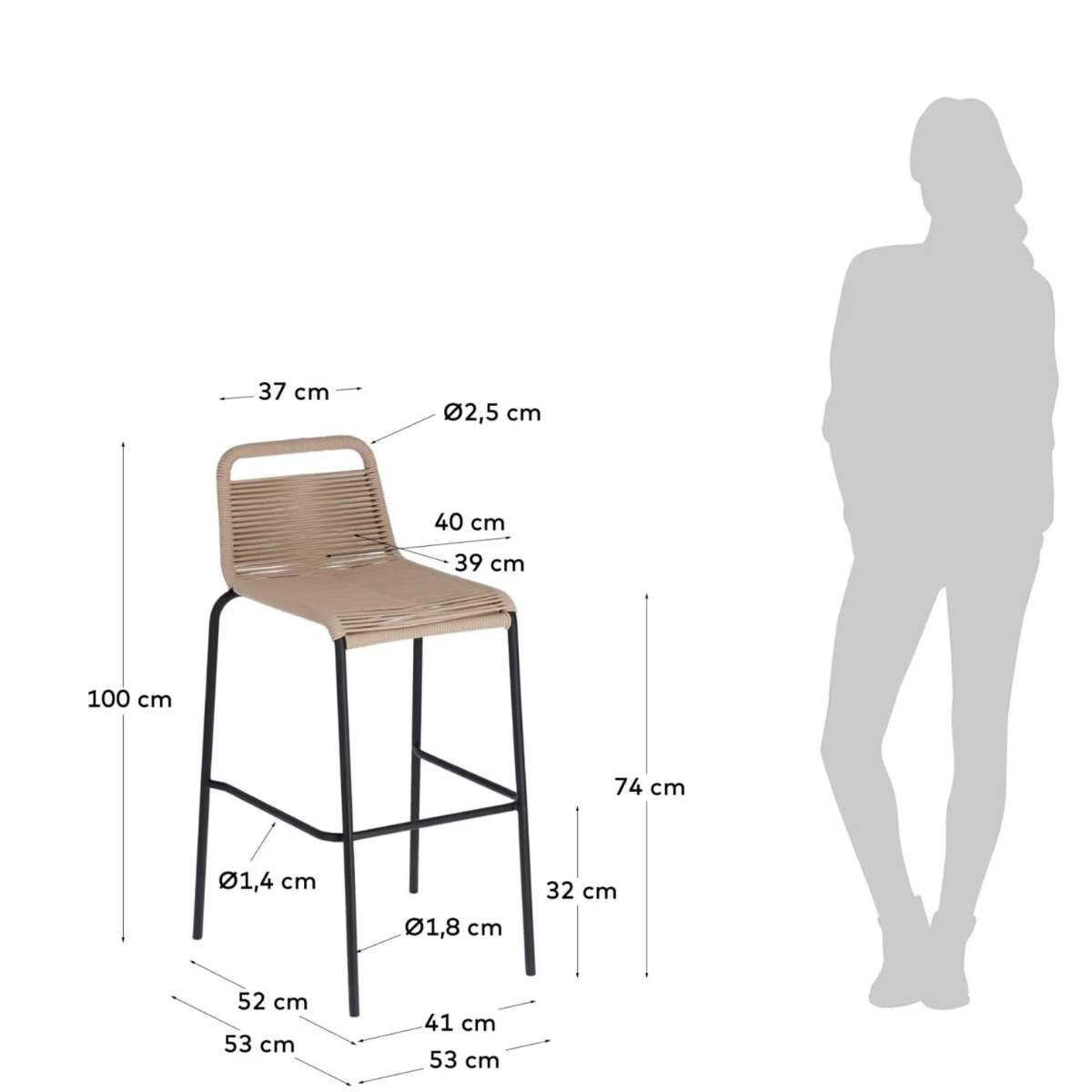 Kave Home Lambton stackable stool in brown rope and black finish steel 74 cm