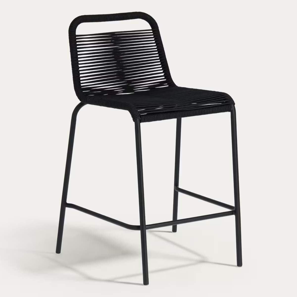 Kave Home Lambton stackable stool in brown rope and black finish steel, 62 cm