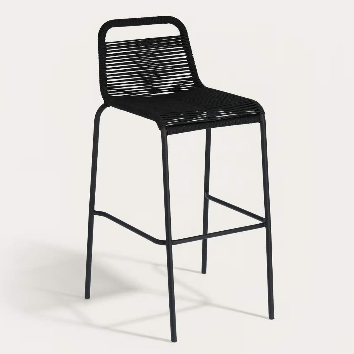 Kave Home Lambton stackable stool in brown rope and black finish steel 74 cm