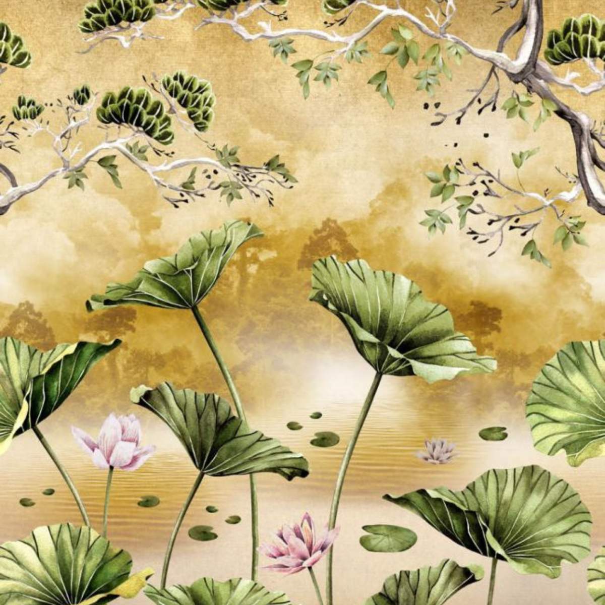 Avalana Waterlily Sunset Metallic Gold Wallpaper Mural-Beaumonde