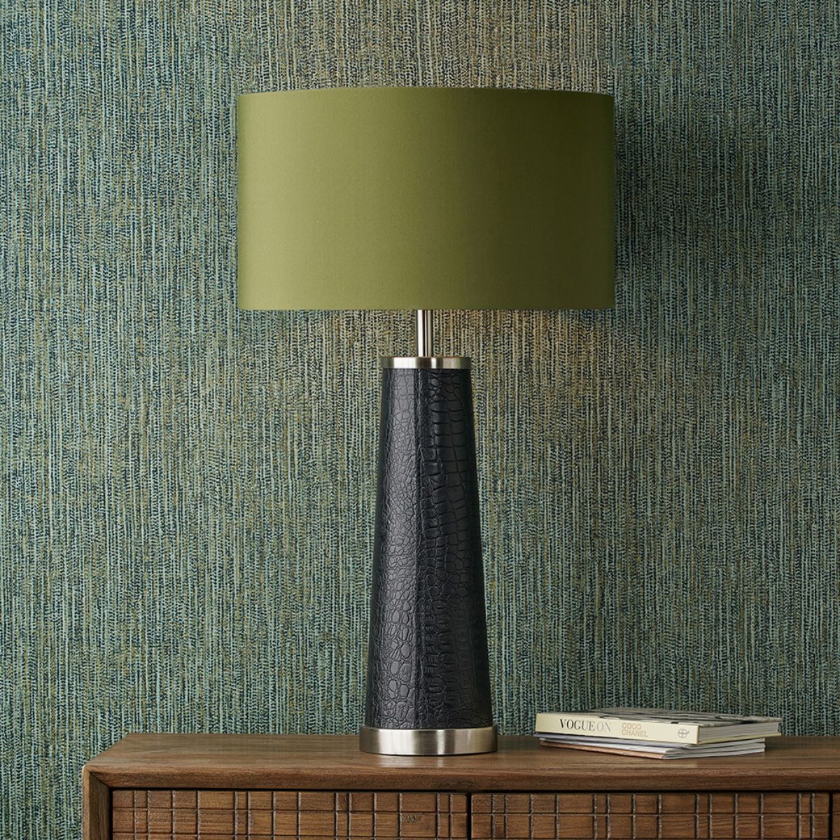 Pacific Lifestyle Laurence Black Croc Leather and Silver Table Lamp Base