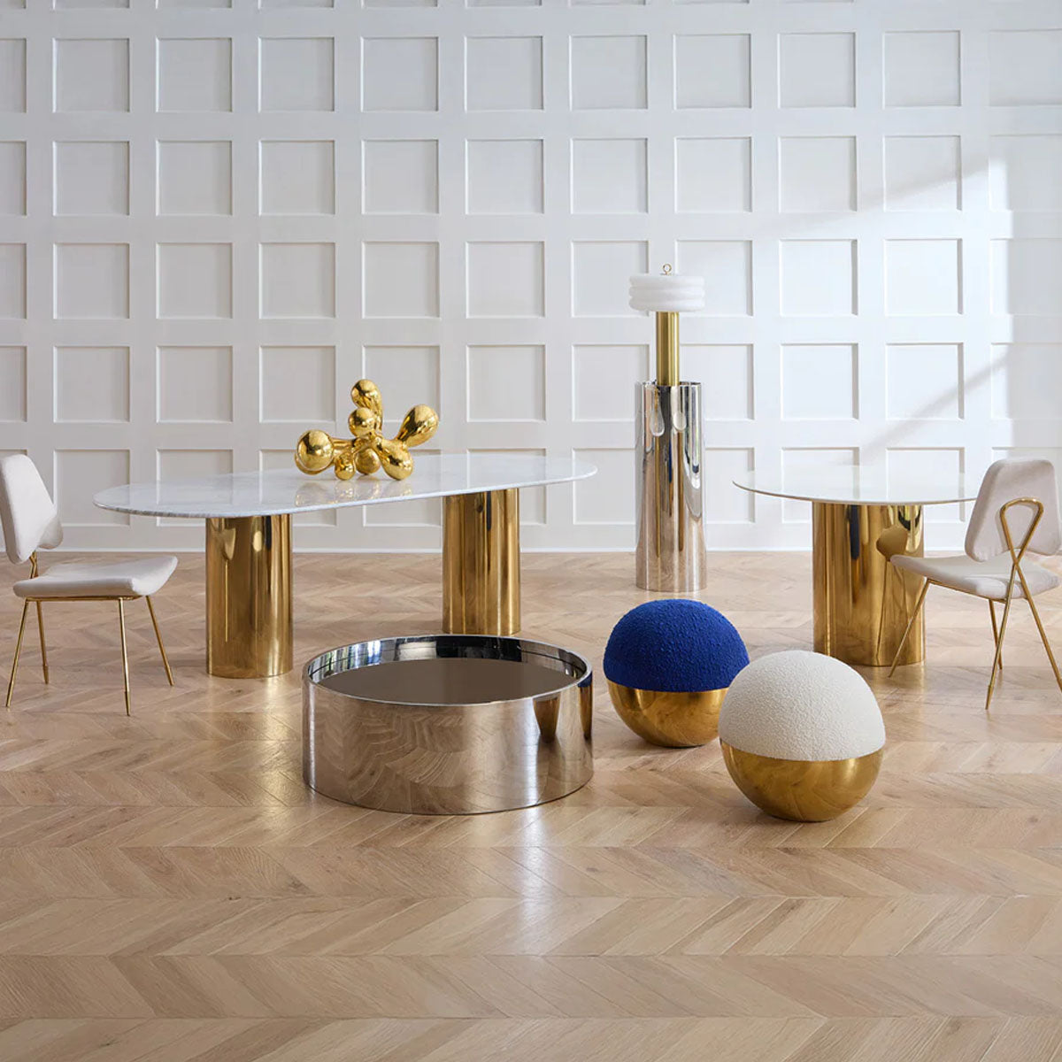Jonathan Adler Alphaville Dining Table - 44" - Brass/White Marble