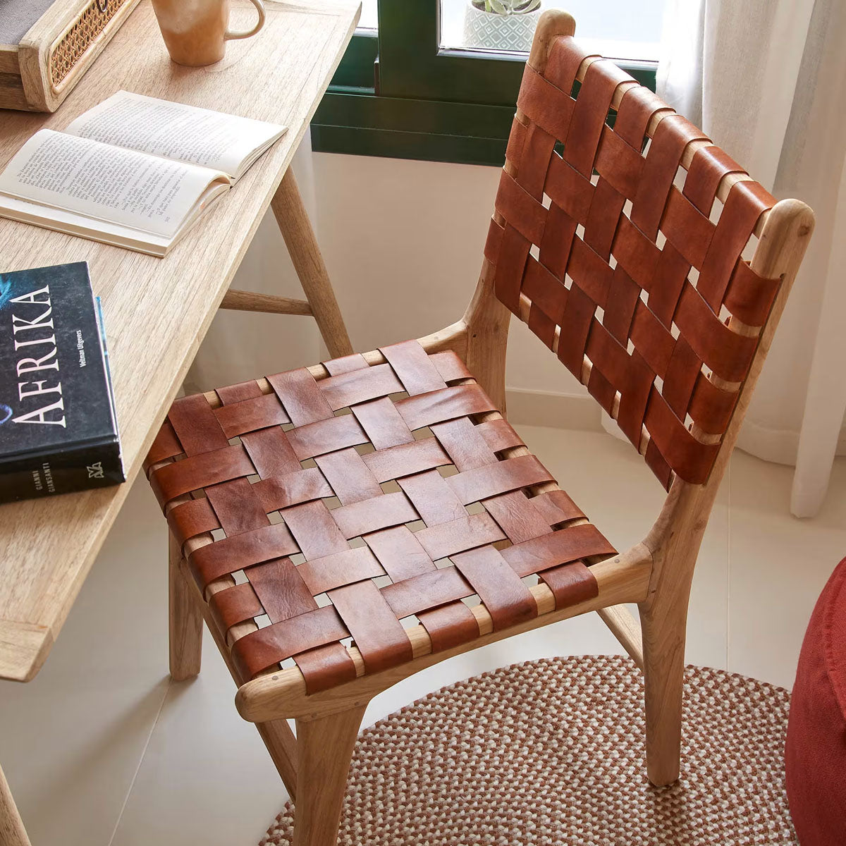 Kave Home Calixta Chair in Leather and Solid Teak