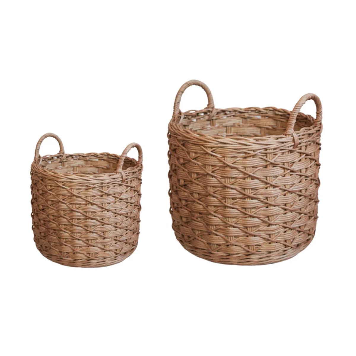 Ivyline Woven Round Rattan Log Basket with Handles Set of 2