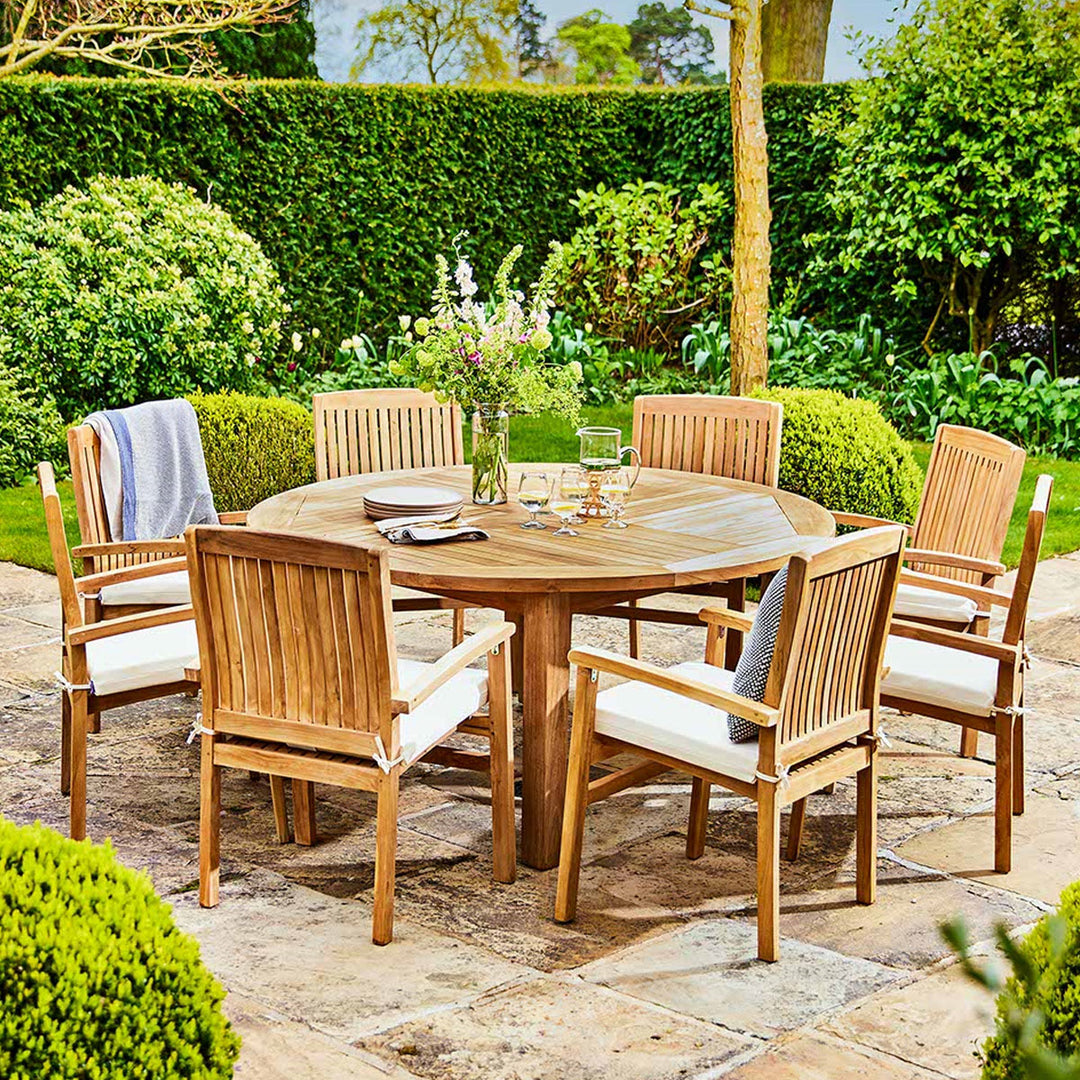 Garden Trading Churn Teak Round Table 150cm & 8 Henley Stacking Armchairs