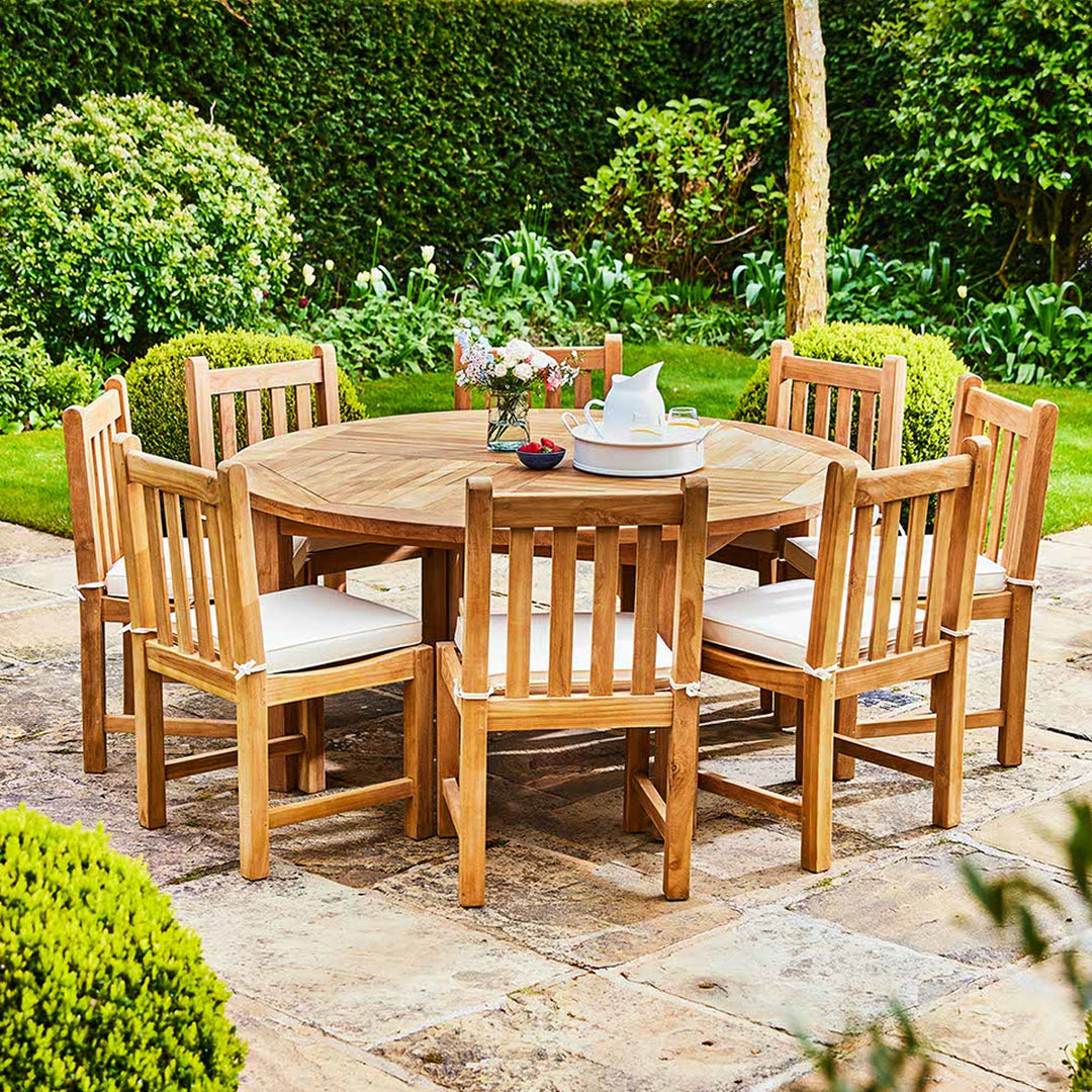 Garden Trading Churn Teak Round Table 160cm & 8 Grisdale Side Chairs