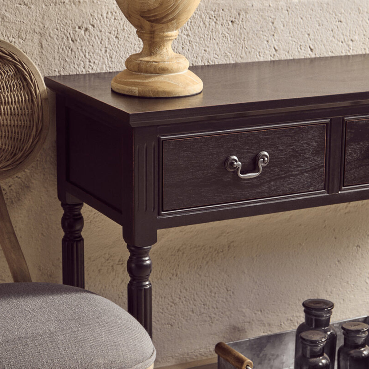 Beaumonde Home Heritage Three Drawer Vintage Black Console Table