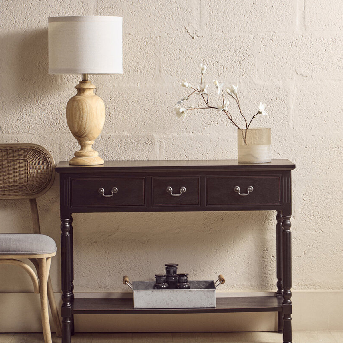 Beaumonde Home Heritage Three Drawer Vintage Black Console Table