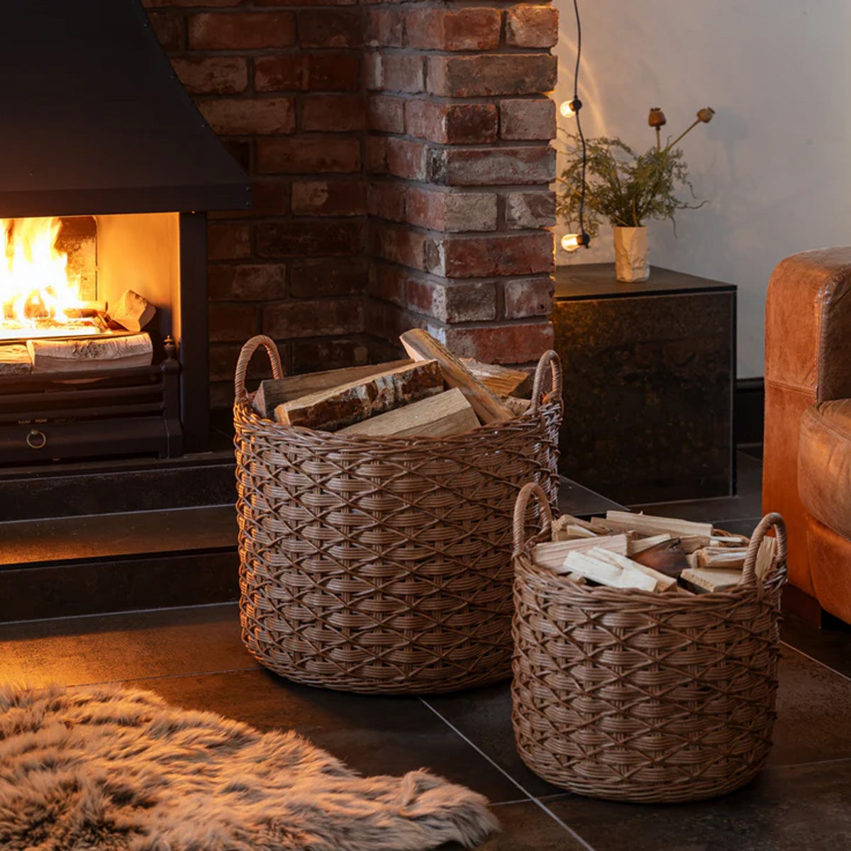 Ivyline Woven Round Rattan Log Basket with Handles Set of 2