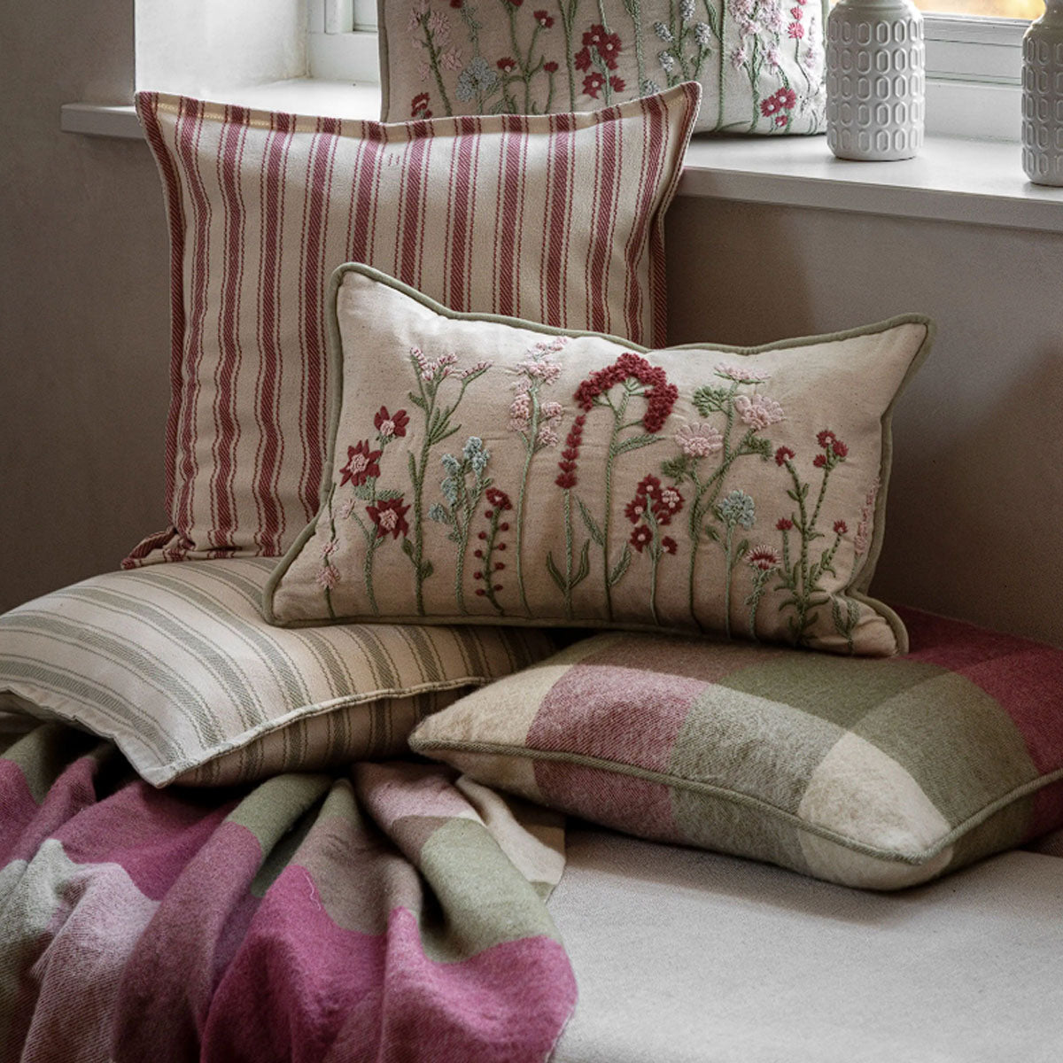 Gallery Direct Dursley Check Throw Cranberry and Olive