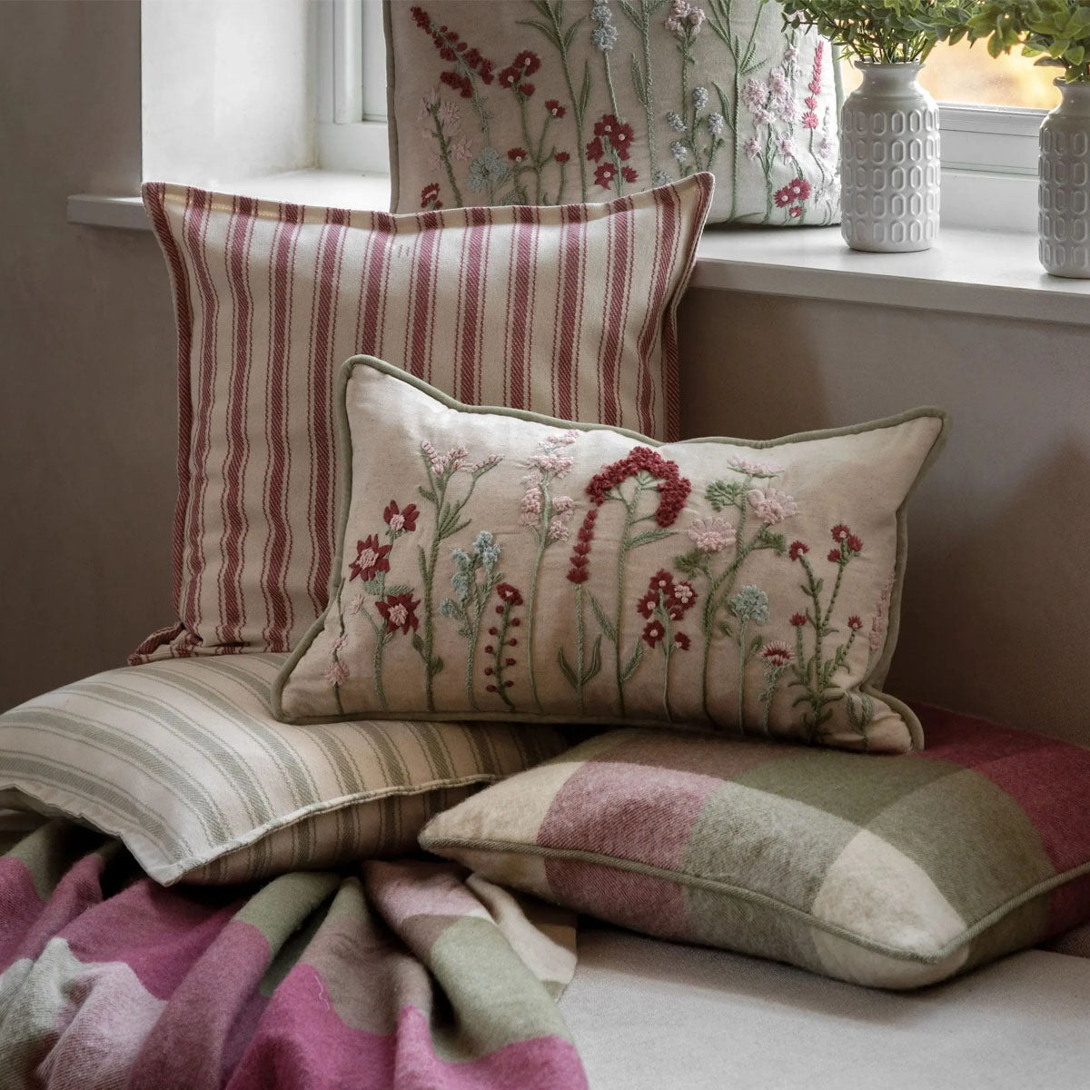 Gallery Direct Dursley Check Cushion Cranberry and Olive