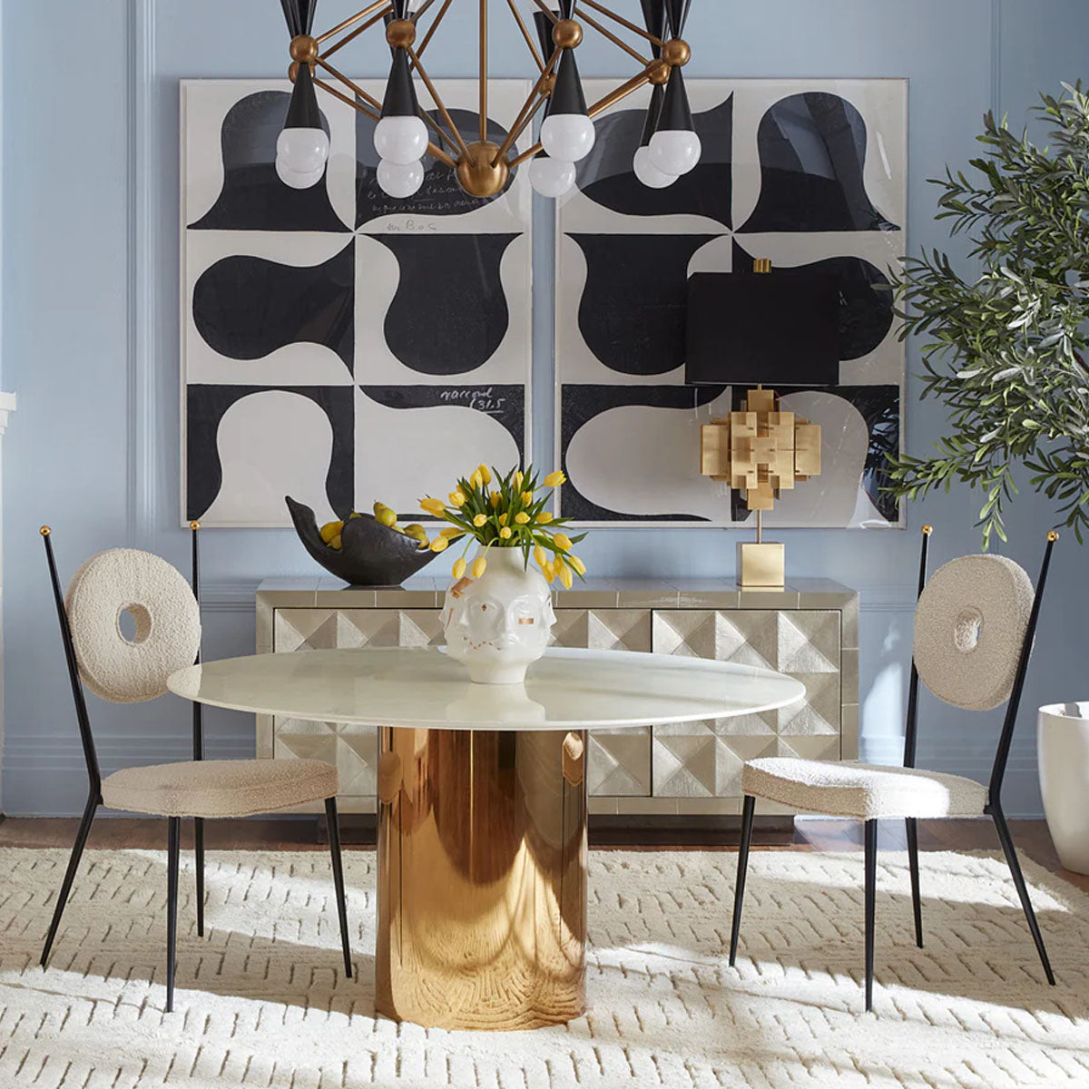 Jonathan Adler Alphaville Dining Table - 44" - Brass/White Marble