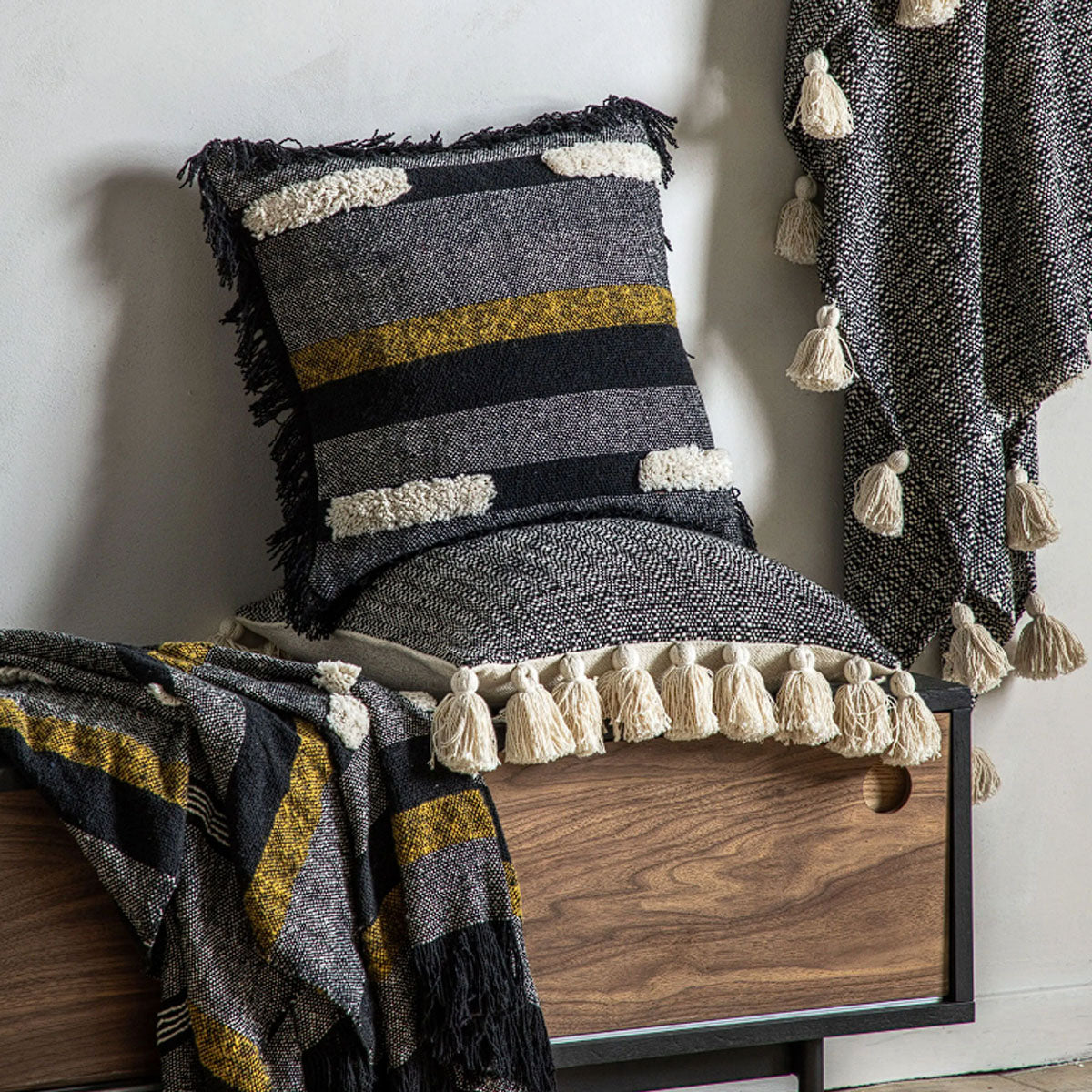 Gallery Direct Woven Throw with Tassels Black