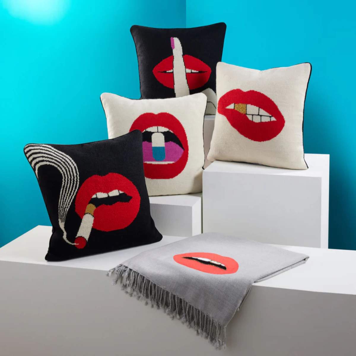 Jonathan Adler Lips Bitten Needlepoint Throw Cushion