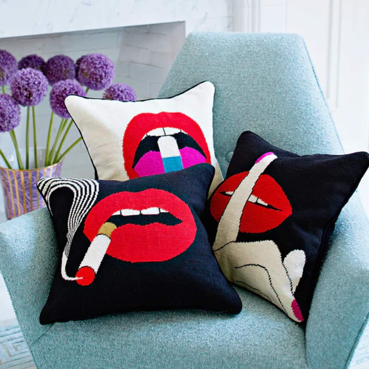 Jonathan Adler Lips Full Dose Needlepoint Cushion