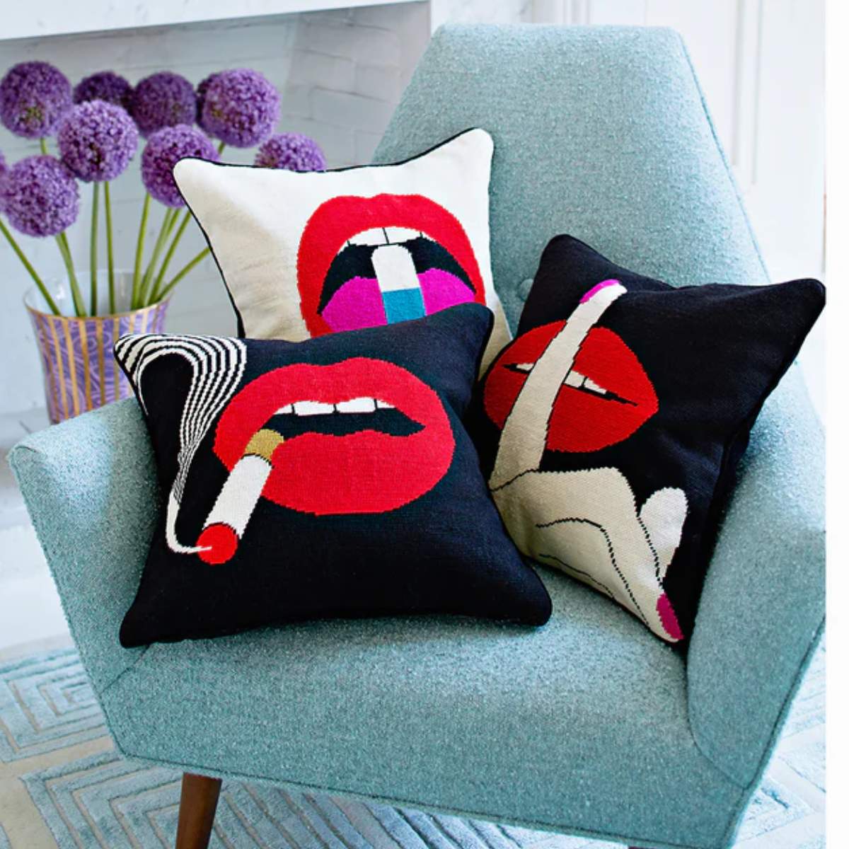 Jonathan Adler Lips Smolder Needlepoint Cushion